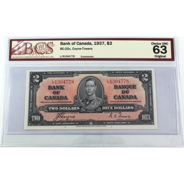 BC-22c 1937 $2 BCS CUNC63 Original Coyne-Towers SN: L/R1304778