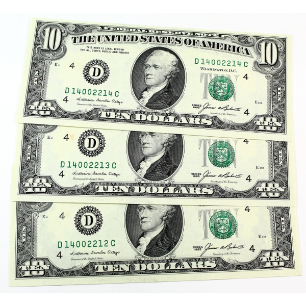 USA 1985 $10 Consecutive SN: D14002212-"14. 3pcs