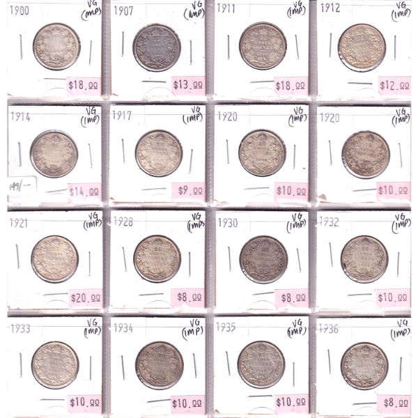 Bulk Collection of 25-cent 1900-1936 VG in 16-Pocket Sheet. 16pcs. (Impaired)