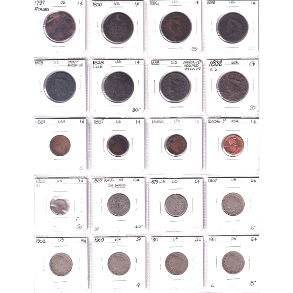 Estate Lot of USA Cents & Nickles 1797-2018. 23pcs.