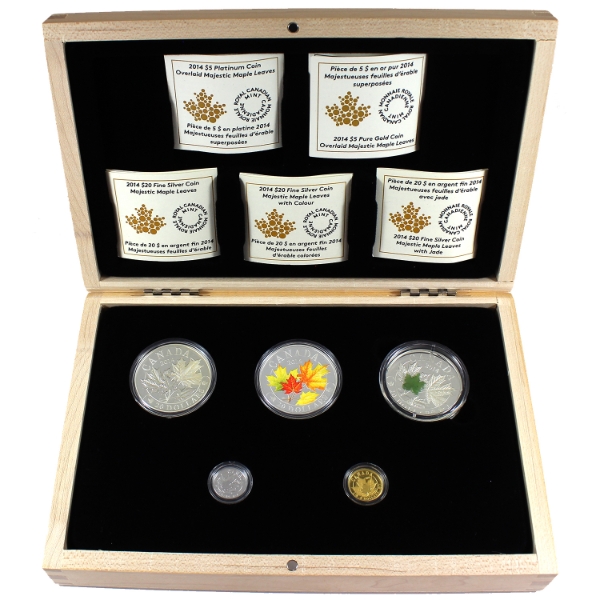 2014 Majestic Maple Leaves Pure Silver, Gold, & Platinum 5-Coin Set (Tax Exempt)