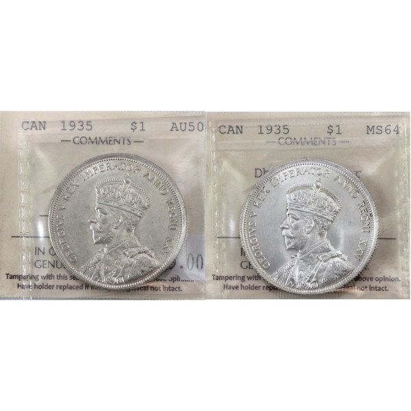 Silver $1 1935 Dbl Voyageur MS64 & Dbl XXV AU50 ICCS. 2pcs.