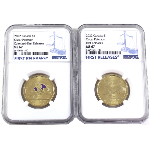 Loon $1 2022 Oscar Peterson NGC MS67 *First Releases* Coloured & Non-Coloured. 2pcs