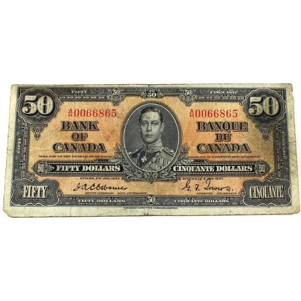 BC-26a 1937 $50 Very Good Osborne-Towers SN: A/H0066865