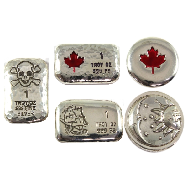 5x 1oz RSSC .999 Fine Silver Bars & Rounds. 5pcs. (Tax Exempt)
