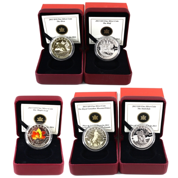 2013 $10 O Canada 1/2oz .9999 Fine Silver Coins. 5pcs. (Tax Exempt)