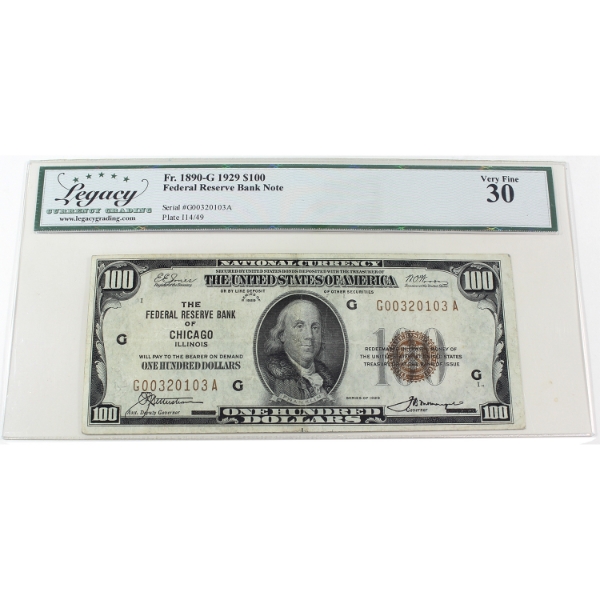 USA 1929 FR-1890-G  $100 Federal Reserve Bank of Chicago Legacy VF30 Jones-Woods SN:G00320103A