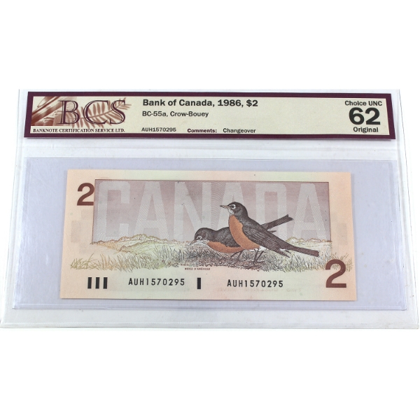 BC-55a 1986 $2 BCS Choice UNC62 Original Crow-Bouey Changeover SN:AUH1570295