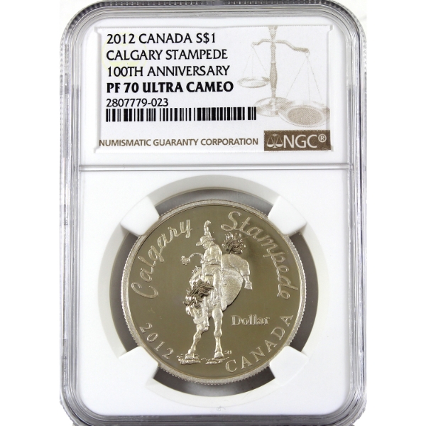 2012 $1 Calgary Stampede Limited Edition .9999 Fine Silver Dollar NGC PF70 (Tax Exempt)