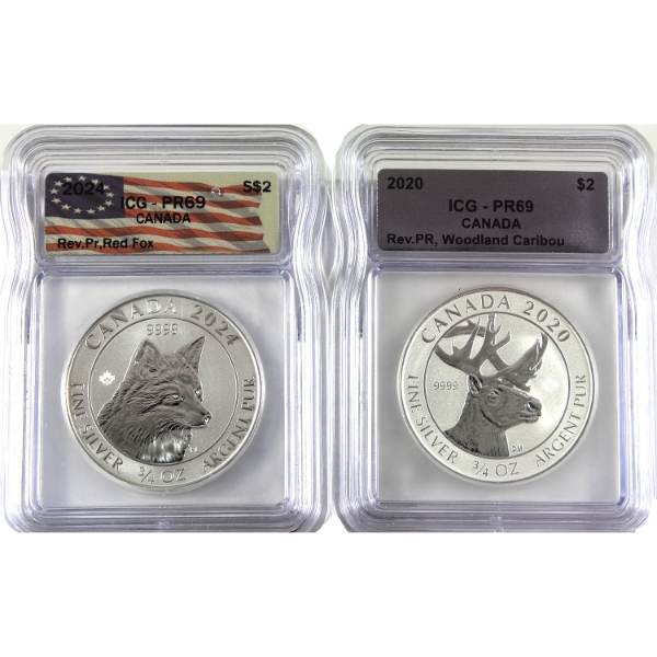 2x 3/4oz 2020 Woodland Caribou & 2024 Red Fox $2 .9999 Fine Silver Reverse Proof Rounds ICG PR69