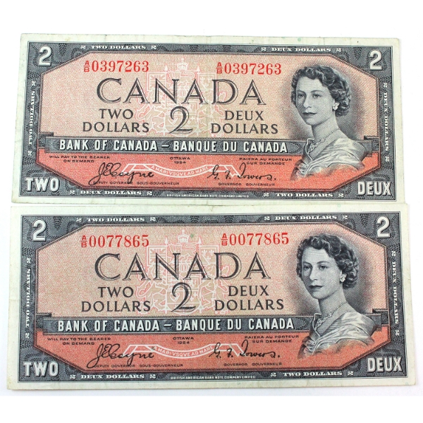 2x BC-30a 1954 $2 Devil's Face Coyne-Towers SN: A/B0077865 & A/B0397263. 2pcs. 