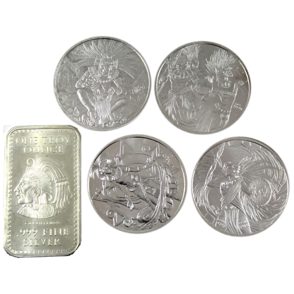 5x 1oz Aztec .999 Fine Silver Rounds & Bar. 5pcs. (Tax Exempt)