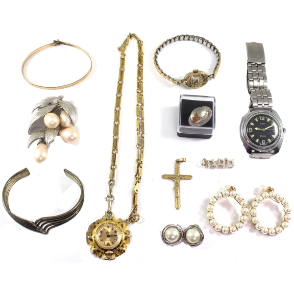 Group Lot of Assorted Vintage Costume Jewellery, Watches, & Pins. 11pcs.