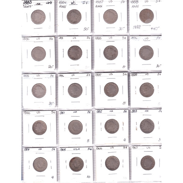 Bulk Lot of USA 1883-1961 Nickels in 20-Pocket Sheets. 57pcs.