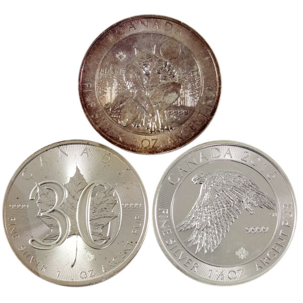 3.5oz Lot Total! Assorted Canadian .9999 Fine Silver Rounds. 3pcs. (Tax Exempt)