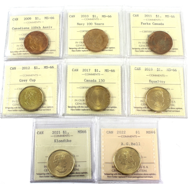 8x Loon $1 2009-2022 ICCS MS66. 8pcs.