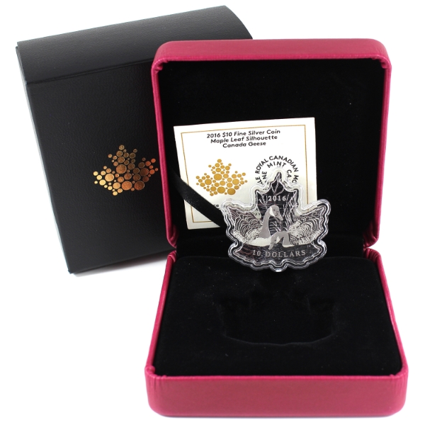 2016 $10 Maple Leaf Silhouette: Canada Geese 1/2oz .9999 Fine Silver Maple Leaf Shaped Coin