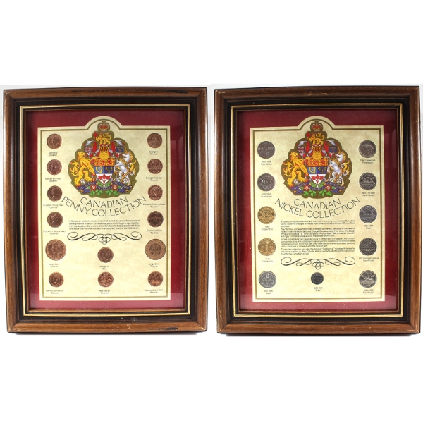 Canadian Penny Collection 14-Coin Set & Canadian Nickel Collection 11-Coin Set in Wooden Frames. 