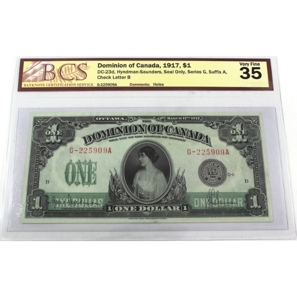 DC-23d 1917 $1 Seal Only, Series G, Suffix A BCS VF35 Hyndman-Saunders SN: G-225909A ppB