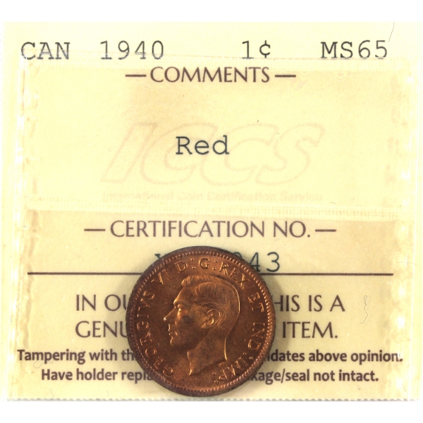 1-cent 1940 ICCS MS65 Red
