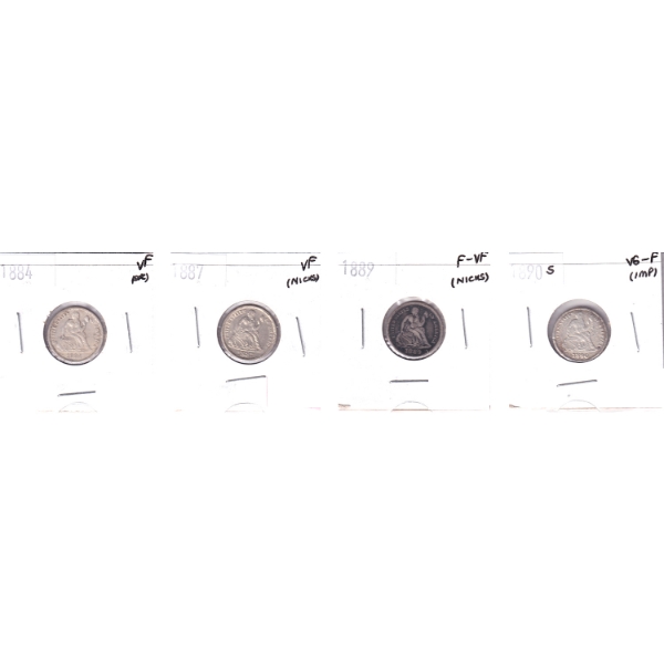 USA Seated Liberty Dime 1884-1890S in 4-Pocket Sheet VG-F to VF. 4pcs.