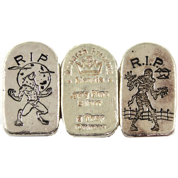 3x 2oz Monarch Tombstone, Zombie & Werewolf .999 Fine Silver Bars. 3pcs (Tax Exempt)