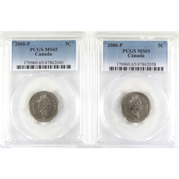 2x 5-cent 2000P PCGS MS65. 2pcs.