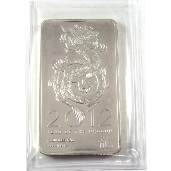 10oz 2012 Year of the Dragon .999 Fine Silver Bar (Tax Exempt)