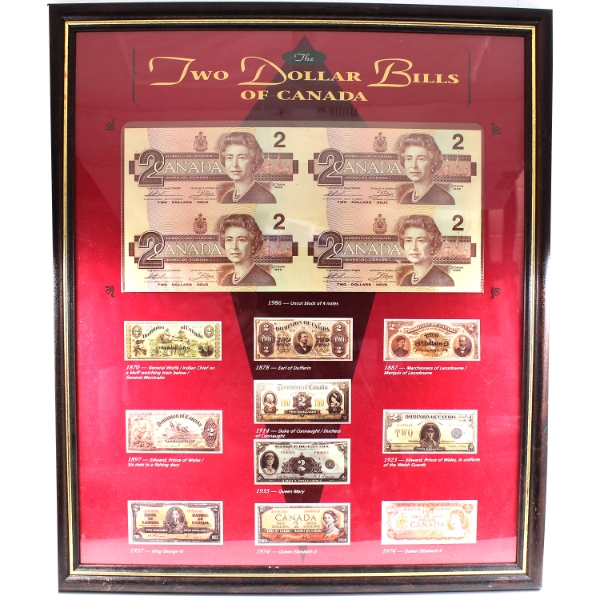 'The Two Dollar Bills of Canada' Uncut Sheet of 4x Thiessen-Crow $2 Banknotes in Wooden Frame