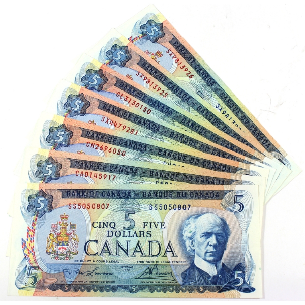 Bulk Lot of 1972 $5 UNC or Better Banknotes. 9pcs.