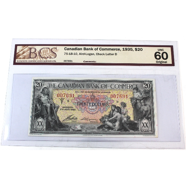 75-18-10 1935 $20 Bank of Commerce BCS UNC60 Original Aird-Logan Check Letter D SN: 007691