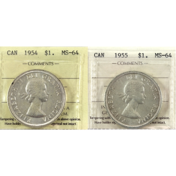 Silver $1 1954 & 1955 ICCS MS64. 2pcs.