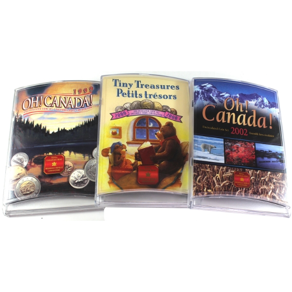 Lot of 3x 1999 Oh Canada, 2000 Tiny Treasures & 2002 Oh Canada Uncirculated Coin Sets. 3 Sets
