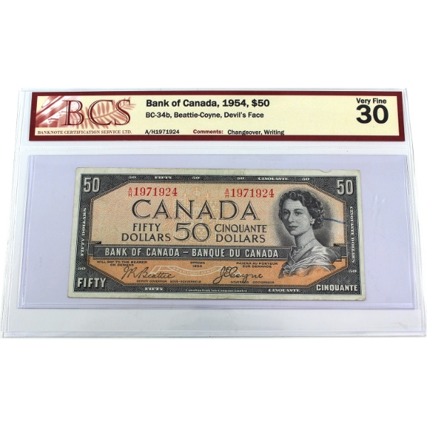 BC-34b 1954 $50 Devil's Face BCS VF30 Beattie-Coyne Changeover SN: A/H1971924