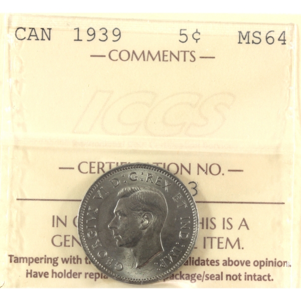 5-cent 1939 ICCS MS64