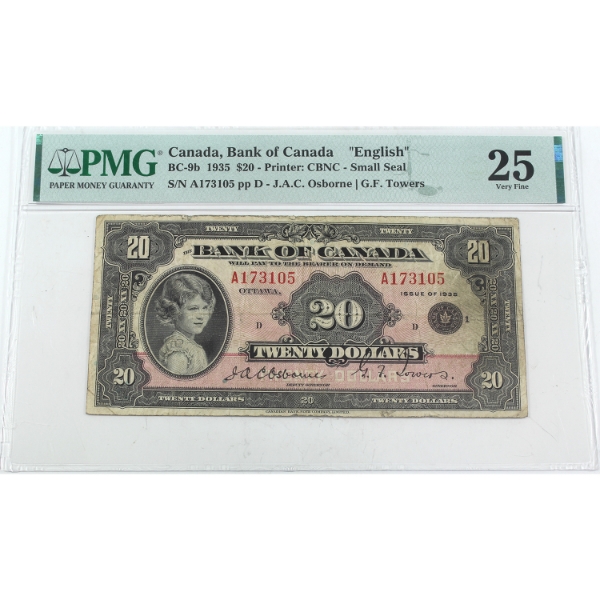 BC-9b 1935 $20 English, Small Seal PMG VF25 Osborne-Towers SN: A173105 ppD