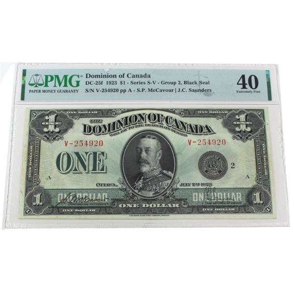 DC-25f 1923 $1 Series S-V Group 2 Black Seal PMG EF40 McCavour-Saunders SN: V-254920 ppA