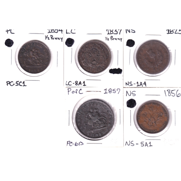 Group Lot of 1823-1857 Maritimes & Canadian Penny & Half Penny Tokens VG20 to VF30. 5pcs.
