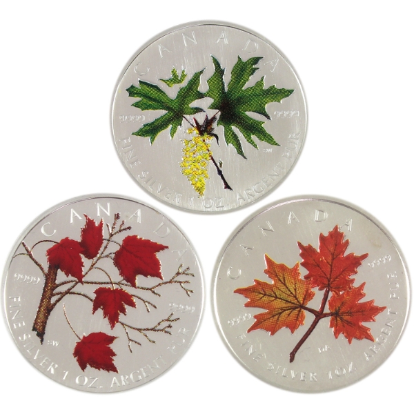 2001 Autumn, 2004 Winter & 2005 Broadleaf Maple $5 SML 1oz .9999 Fine Silver Coins. 3pcs 