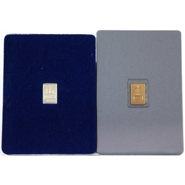 1986 Expo 86 1 gram .999 Fine Silver Ingot & 1988 Calgary Olympic Games 1 gram 10K Gold Ingot. 2pcs.