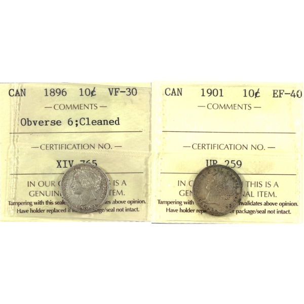 10-cent 1896 Obverse 6 VF30 (cleaned) & 1901 EF40 ICCS. 2pcs.