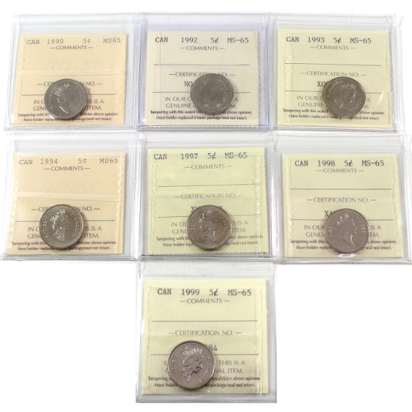 5-cent 1990-1999 ICCS MS65. 7pcs.