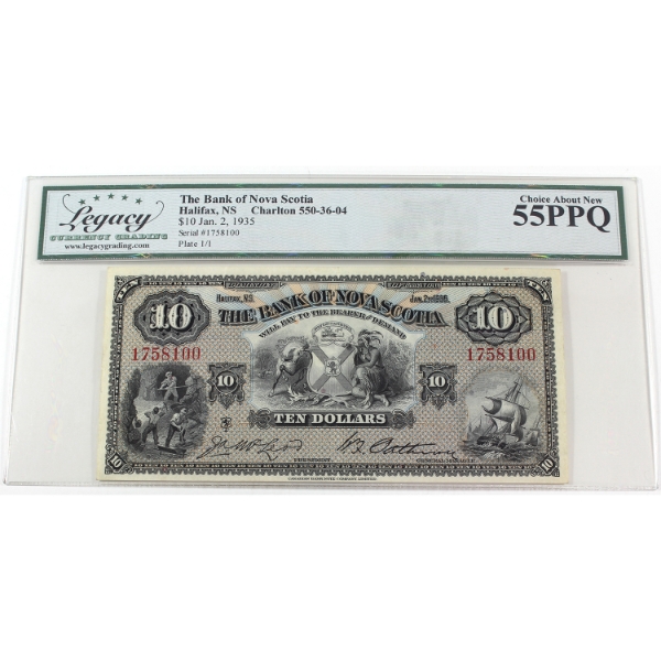 550-36-04 1935 $10 Bank of Nova Scotia Legacy Choice AU58 PPQ McLeod-Patterson SN: 1758100