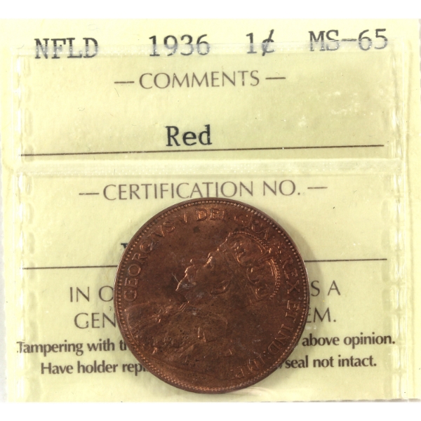 Newfoundland 1-cent 1936 ICCS MS65 Red