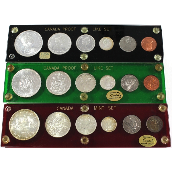 1963, 1964 & 1966 Silver Year Set in Vintage Style Holders. 3pcs.