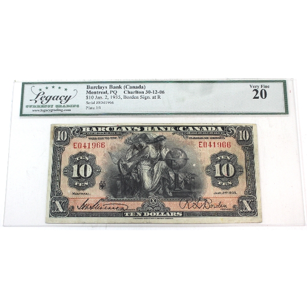30-12-06 1935 $10 Barclays Bank Legacy VF20 Stevenson-Borden SN: E041966