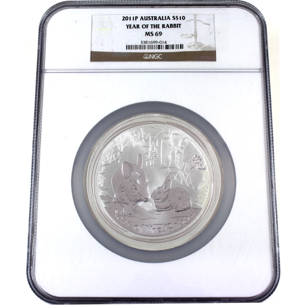 Australia 2011P $10 Year of the Rabbit NGC MS69 10oz .999 Fine Silver Coin (Tax Exempt)