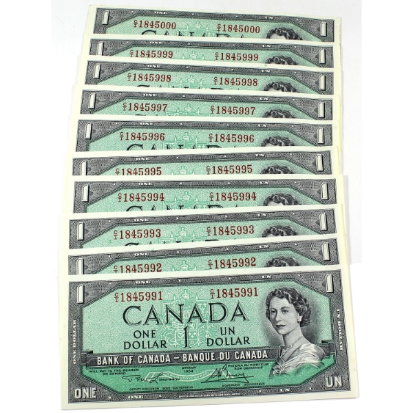 BC-37d 1954 $1 Modified Portrait Consecutive UNC or Better Beattie-Rasminsky SN: C/I1845991-"00.