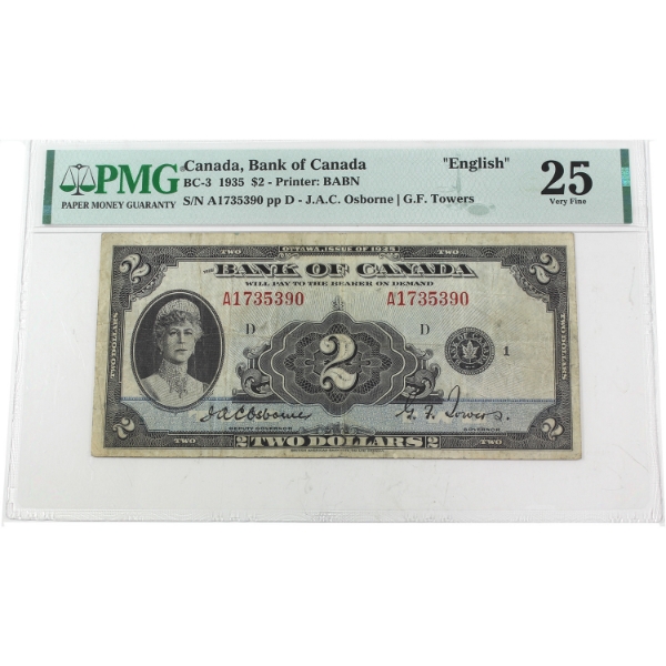 BC-3 1935 $2 English PMG VF25 Osborne-Towers SN: A1735390 pp D 
