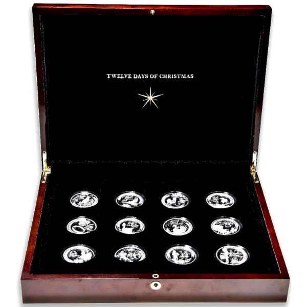 Niue 2010 $2 Twelve Days of Christmas 12-coin 25g Fine Silver Set in Beautiful Wooden Case *Scarce!*